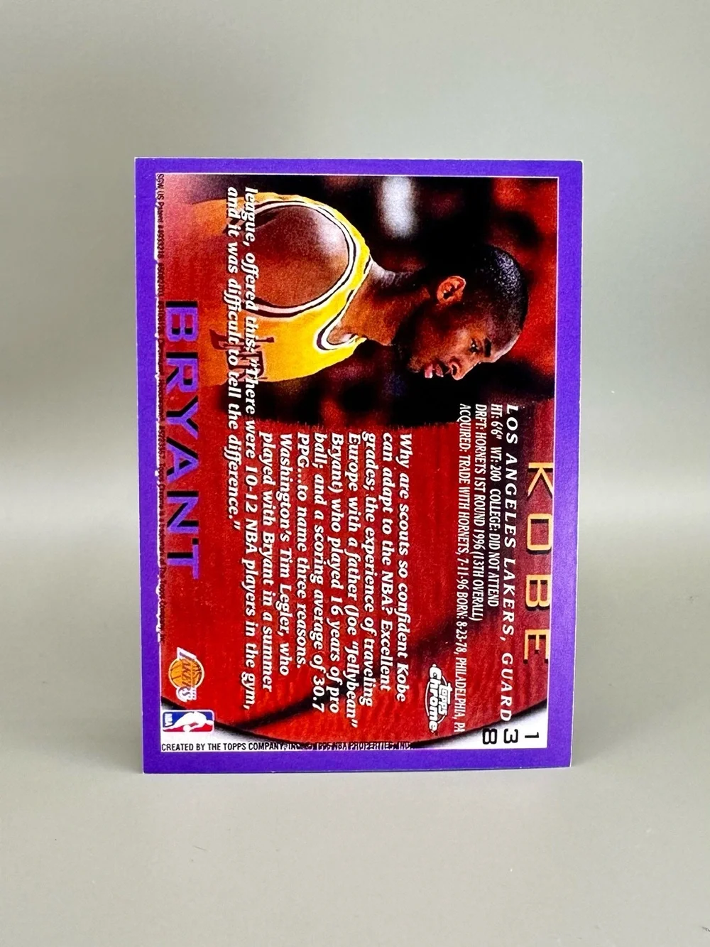 Kobe Bryant Rookie 1996 Topps Chrome #138 Novelty Basketball Card. LA Lakers.